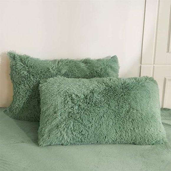 QUEEN ONLY   Fluffy  Comforter Cover Set Faux Fur Green Bedding 3 Pieces… - Picture 2 of 15